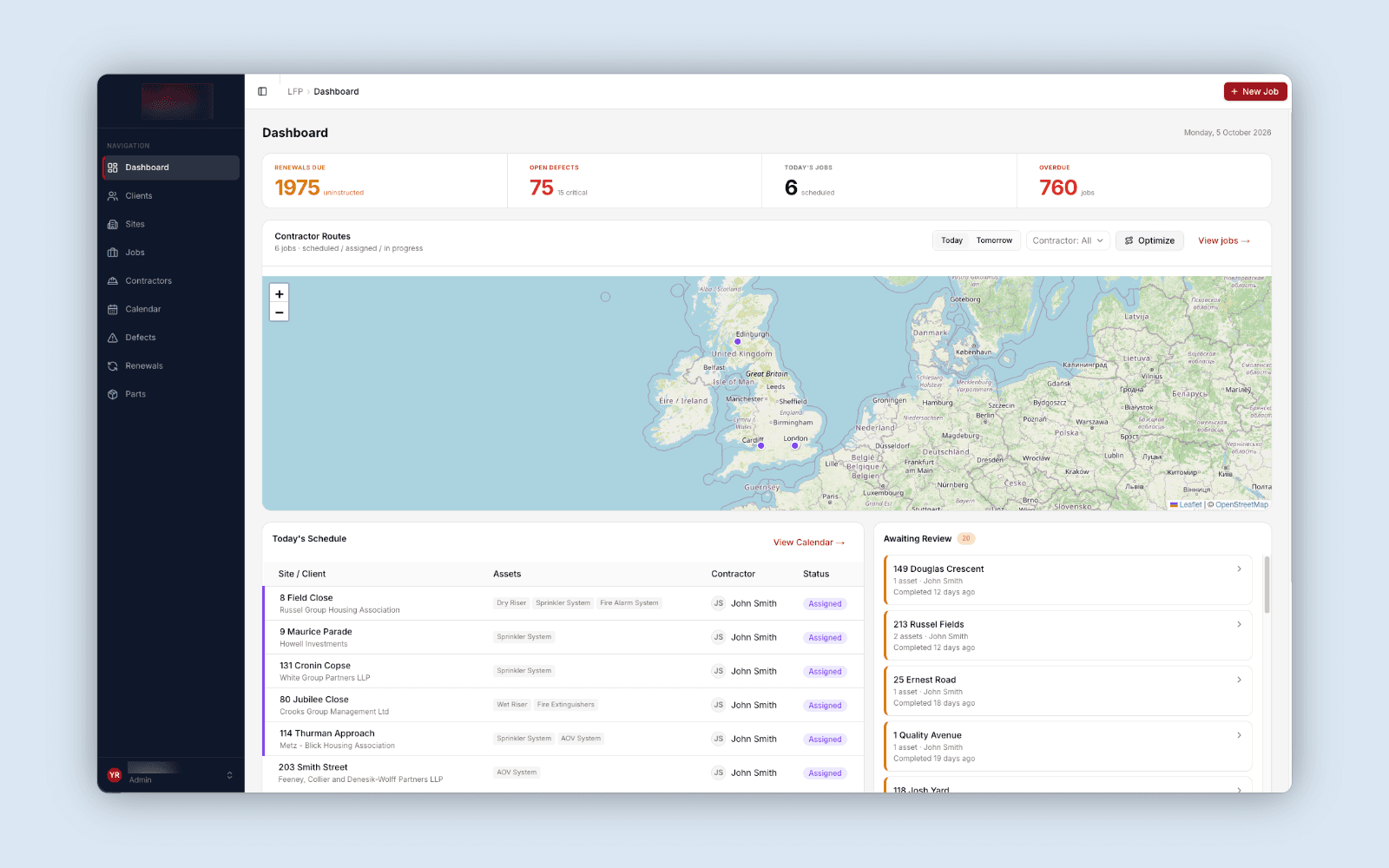 Dashboard of a custom field service management system showing renewals due, open defects, today's jobs, a contractor routes map and the day's schedule.